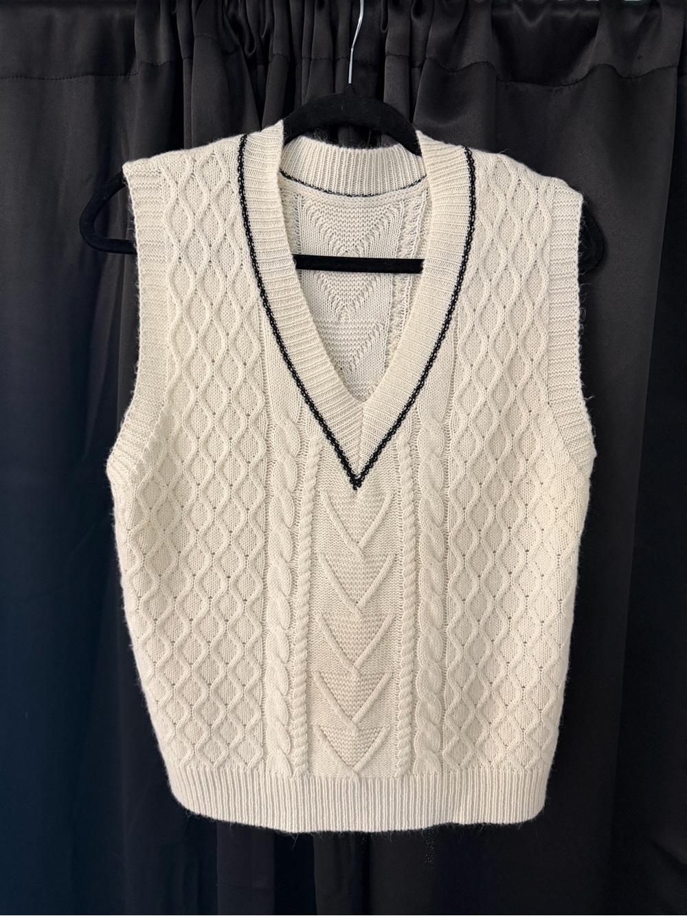 Cream Cable Knit V-Neck Sweater Vest with Black Trim
